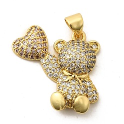Прозрачный Покрытие стойки, подвески из латуни с микро-паве и кубическим цирконием в виде медведя, без кадмия и без свинца, долговечный, реальный 18 k позолоченный, прозрачные, 19.5x21.5x5 мм, отверстие : 3x3.5 мм