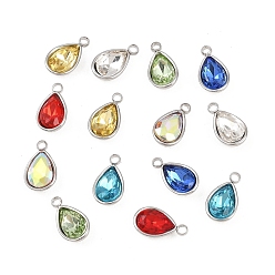 Teardrop Стеклянные прелести, с 201 установками из нержавеющей стали, граненые, разноцветные, цвет нержавеющей стали, слеза, 9x5.5x3 мм, отверстие : 1.2 мм