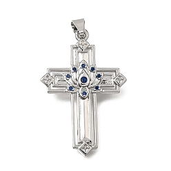 Platinum Brass Micro Pave Blue Cubic Zirconia Pendants, Cross with Lotus Charms, Platinum, 38x25x3.5mm, Hole: 8x3.5mm