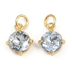 Светло-Синий Плоские круглые латунные стеклянные подвески, с целью перехода в кольце, стойки покрытие, без свинца и без кадмия, долговечный, граненые, реальный 18 k позолоченный, голубой, 9x7.5x4 мм, отверстие : 1.8 мм