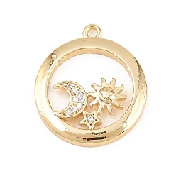 Настоящее золото 18K Осенние латунные подвески с микропаве из прозрачного кубического циркония, солнце с лунными чарами, реальный 18 k позолоченный, 20x17.5x2.5 мм, отверстие : 1.2 мм