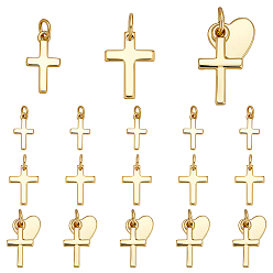 Настоящее золото 18K Стойки обшивки латунные подвески, крест прелести, с прыжковых колец, реальный 18 k позолоченный, 8~15x8~9x1~1.5 мм, отверстие : 3~3.5 мм, 6 шт / стиль