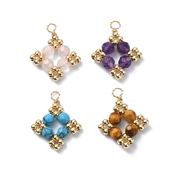 Смешанные камни Круглые подвески из медной проволоки с огранкой из натуральных и синтетических камней, подвески в виде ромбов с латунными круглыми бусинами, без свинца, без кадмии и без никеля, золотые, 22~23x17~18x2.5~4.5 мм, отверстие : 2.5 мм
