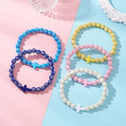 (52) Непрозрачная лаванда Эластичные браслеты из акриловых бусин для женщин и мужчин, крест и круг с крестом, разноцветные, бусины : 8 мм, внутренний диаметр: 2.17~2.24 дюйм (5.5~5.7 см)