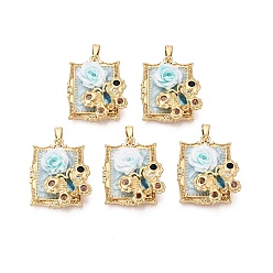 Светло-голубой Латунь эмаль подвески, прямоугольные подвески, подвески в виде цветов и бабочек, с использованием смолы и микропаве из кубического циркония, реальный 18 k позолоченный, светло-голубой, 23.5x20.5x7.5 мм, отверстие : 5x2.5 мм