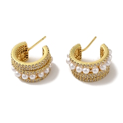 Real 18K Gold Plated Rack Plating Brass Micro Pave Cubic Zirconia Studs Earrings, with Plastic Beads, Long-Lasting Plated, Lead Free & Cadmium Free, Real 18K Gold Plated, 17.5x9.5mm