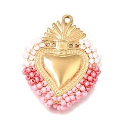 Pink 304 подвески из нержавеющей стали, со стеклянными бисеринами, чары священного сердца, ионное покрытие (ip), золотые, розовые, 38x29x5.5 мм, отверстие : 2 мм