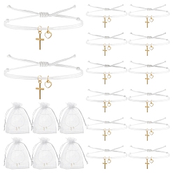 Белый 60шт. браслеты с подвесками из сплава и эмали, плетеные браслеты из нейлонового шнура для женщин, крест и сердце, с сумками из органзы, белые, 5-3/4 дюйм (14.5 см)