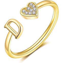 Letter D Регулируемые латунные кольца из манжеты из горного хрусталя, письмо и сердце, золотые, Буква D, внутренний диаметр: 15~20 мм