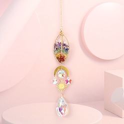 Лист Обернутые проволокой подвески из натуральных смешанных драгоценных камней «Древо жизни», Лунное солнце и стеклянные каплевидные ловцы солнца с кисточками для оконных подвесных украшений, лист, 405 мм