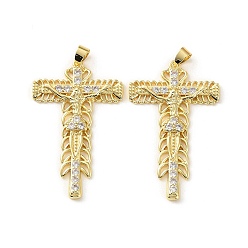 Золотой Латунные микропаве прозрачные подвески с фианитом, крест прелести, золотые, 43x30x5.5 мм, Перейти кольцо: 6.5x4.5 мм, внутренний диаметр: 4 мм