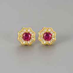 Средний Фиолетово-красный Серьги-гвоздики из латуни с прозрачными кубическими циркониями ко Дню святого Валентина, цветок, золотые, средне фиолетовый красный, 8x8 мм