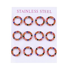 Розовое Золото Вакуумное покрытие pvd 304 серьги-гвоздики из нержавеющей стали, со стразами, кольцо, розовое золото , 13 мм, 12 шт / комплект