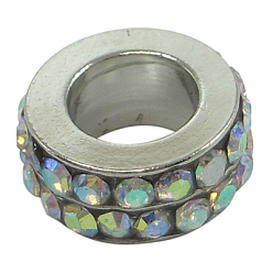 Белый Бусины с большим отверстием, Европейский бисером горный хрусталь латунь, рондель, платина, белые, 11x5 мм, отверстие : 6 мм