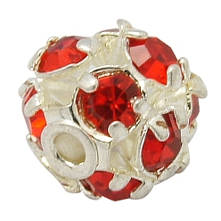 Красный Латунные бусины со стразами , класс А, круглые, серебряный цвет гальваническим, красные, Размер : диаметром около 6 мм , отверстие : 1 мм