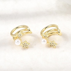 Настоящее золото 18K Латунные серьги-манжеты из прозрачного кубического циркония, с абс пластмассовой имитационной жемчужиной, без кадмия и без свинца, долговечный, стойки покрытие, тройной с-образный, реальный 18 k позолоченный, 15x16x12.5 мм