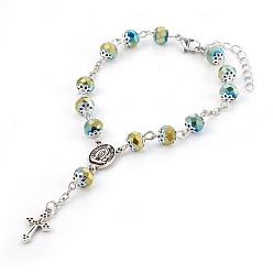 Rainbow Plated Electroplate Glass Charm Bracelets, with Metal Findings, Cross & Oval with Goddess, Multi-color Plated, 8-1/8 inch(20.5cm), 8mm