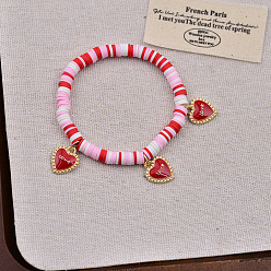 Разноцветный Браслеты с подвесками из цинкового сплава с эмалью ко Дню святого Валентина, Браслеты из полимерной глины, бусины хейши, эластичные для женщин, сердце, красочный, внутренний диаметр: 2.72 дюйм (6.9 см)