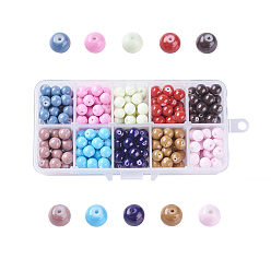 Gemischte Farbe 10 Farben bemalte Glasperlen, Backen Farbe, Runde, Gemischte Farbe, 8 mm, Bohrung: 1.3~1.6 mm, über 30pcs / Fach, ca. 300 Stk. / Kasten