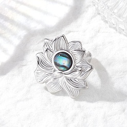 Нержавеющая Сталь Цвет 304 открытые кольца манжеты из нержавеющей стали, цветок, с кабошонами оболочки paua, цвет нержавеющей стали, внутренний диаметр: 17.8 мм