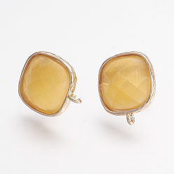 Золотистый Латунные серьги-гвоздики из циркония, с петлей, кошачий глаз, квадратный, граненые, золотой свет, золотые, 17 мм, отверстия: 1 мм, штифты: 0.7 мм