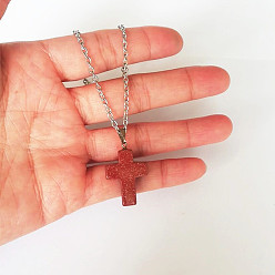 Камень с Пылевым Золотом Синтетический авантюрин крест кулон ожерелье, ожерелья из сплава для женщин, платина, 20.47 дюйм (52 см)