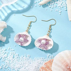 лаванда В форме ракушки 304 серьги-подвески из нержавеющей стали, с подвесками из ракушек, цилиндрическим бисером и бусиной из ракушек, лаванда, 46x25 мм