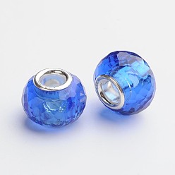 Blau 128 facettierten Glas europäischen Perlen mit großem Loch, 925 mit Sterlingsilberkern, Rondell, Blau, 13x9.5 mm, Bohrung: 4.5 mm