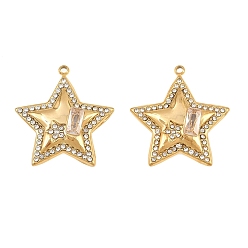 Cristal 304 Colgantes del rhinestone del acero inoxidable, estrella con dijes rectangulares, revestimiento de iones (ip), real 18 k chapado en oro, cristal, 23x21x3.5 mm, agujero: 1.4 mm