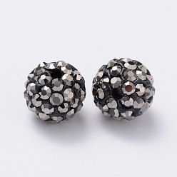 Jet Hematite Pave Disco Ball Beads, Polymer Clay Rhinestone Beads, Grade A, Round, Jet Hematite, PP14(2~2.1mm), 10mm, Hole: 1.0~1.2mm