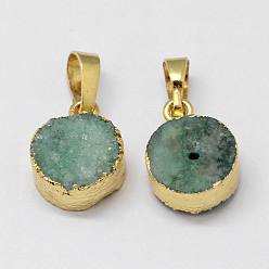 Pale Turquoise Electroplated Natural & Dyed Druzy Agate Pendants, with Golden Plated Brass Findings, Flat Round, Pale Turquoise, 16x12x6.5mm, Hole: 8x5mm