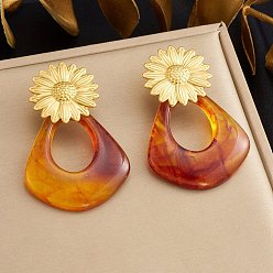 Teardrop 304 Подвесные серьги-гвоздики из нержавеющей стали и смолы для женщин, цветок, золотые, слеза, 65x35 мм