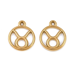 Taurus 304 Stainless Steel Pendants, Round with Twelve Zodiac Signs Charms, Ion Plating(IP), Cut-Out, Golden, Taurus, 19x15.5x2mm, Hole: 1.5mm