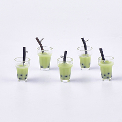 Желто-Зеленый Пластиковые чашки подвески, со смолой внутри и железными находками, имитация пузырчатого чая, желто-зеленый, 23~28x13~17x13 мм, отверстие : 1.8 мм