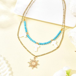 Cross Подвеска в виде солнца из натуральной пресноводной ракушки и сплава стекла, синтетическая бирюза, круглые бусины и 304 цепочка из нержавеющей стали, двухслойные ожерелья для женщин, золотые, цвет морской раковины, крестик, 15.94 дюйм (40.5 см), крест: 23x13 мм
