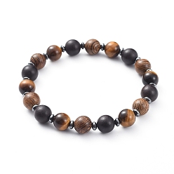 Tigerauge Natürlichen Tigerauge Stretch-Armbänder, mit nichtmagnetischen synthetischen Hämatitperlen und Holzperlen, Rund & abacus, 2 Zoll (5.2 cm)