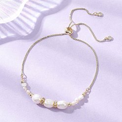 Настоящее золото 18K Браслеты из натуральных культивированных пресноводных жемчужин в стиле барокко., регулируемый латунный браслет-слайдер с коробчатой цепочкой для женщин, с немагнитных синтетическими гематита бисера, реальный 18 k позолоченный, 11.61 дюйм (29.5 см)