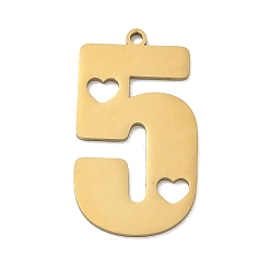 Golden 201 Stainless Steel Pendants, Number 5 with Heart Cutouts Charms, Golden, 27x15x1mm, Hole: 1.5mm