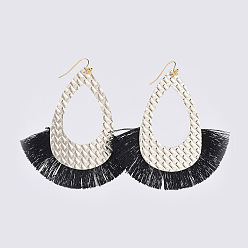 Light Yellow (Jewelry Parties Factory Sale)PU Leather Dangle Earrings, with Nylon Tassel and Brass Earring Hooks, Teardrop, Golden, Light Yellow, 82mm, Pin: 0.7mm