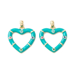 Темно-бирюзовый Реечное покрытие латунь микро паве разноцветные подвески из кубического циркония, с эмалью, без кадмия, без никеля и без свинца, реальный 18 k позолоченный, сердце, темные бирюзовый, 21x20.5x2.5 мм, отверстие : 4.5x2 мм