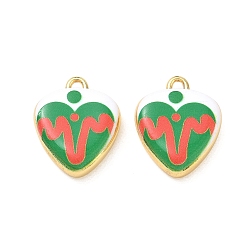 Green Printed Brass Pendants, Heart with Heartbeat Pattern Charms, Rack Plating, Long-Lasting Plated, Lead Free & Cadmium Free, Real 18K Gold Plate, Green, 20.5x17x5mm, Hole: 1.9mm