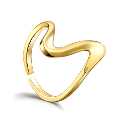 Real 18K Gold Plated Adjustable 925 Sterling Silver Cuff Rings, Open Rings, Wave, Real 18K Gold Plated, US Size 6(16.5mm)