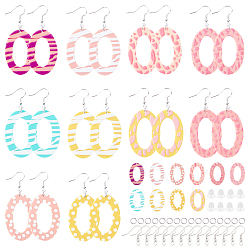 Mixed Color 20Pcs 10 Styles Oval Opaque Printed Acrylic Pendants, 60Pcs Plastic Ear Nuts and Iron Earring Hooks, for DIY Earring Making Kits, Mixed Color, 2pcs/style