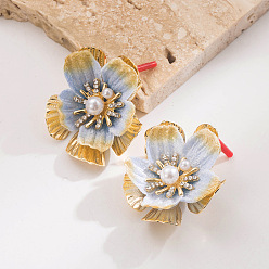 Azul Claro Aretes de diamantes de imitación de aleación, flor, con perlas de plástico, dorado, azul claro, 50x50 mm