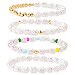 Белый 4Штатные элегантные эластичные браслеты с имитацией жемчужных бусин для женщин, круглые, с латунным, белые, 6.89 дюйм (17.5 см)