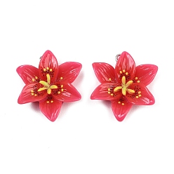 Красный Непрозрачные подвески смолы, цветочный шарм, с железной платиной петлей, красные, 30x26x7 мм, отверстие : 1.8 мм