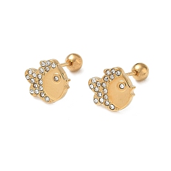 Fish 304 Stainless Steel Crystal Rhinestone Animal Cartilage Earrings, Real 18K Gold Plated, Fish, 9x10.5mm