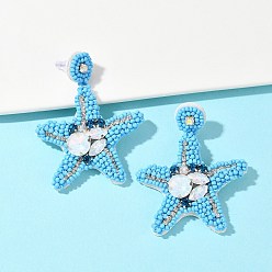 Небесно-голубой Серьги-гвоздики из стеклянных бусин в форме морской звезды, с пайетками, стразами и искусственным жемчугом, платина, голубой, 60x46 мм