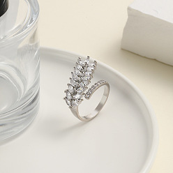 Платина Регулируемые манжеты-кольца из латуни с микропаве из кубического циркония для женщин, колосья пшеницы, платина, внутренний диаметр: 18 мм