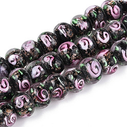 Черный Нити бусин-рондель с внутренним цветком ручной работы в технике лэмпворк, с золотой порошок, чёрные, 8~10x10~11 мм, отверстие : 0.9~1.4 мм, около 35 шт / нитка, 10.83~11.42'' (27.5~29 см)